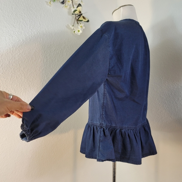 MADEWELL NAVY BLUE 100% COTTON WOMEN'S Denim BLOUSE RUFFLESLONG SLEEVES SZ SMALL - Picture 6 of 11